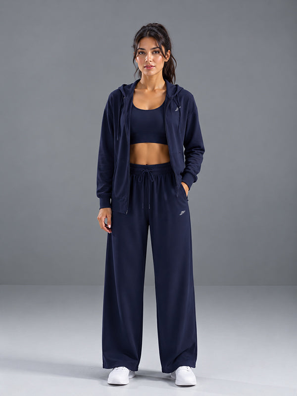 Polyester Set Jacket with Wide Leg Pant