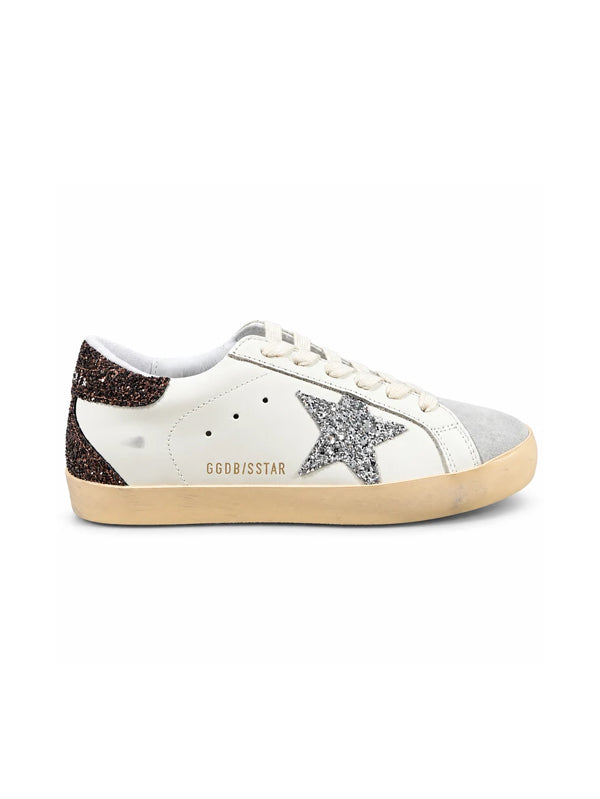 golden goose super star with silver glitter star and brown glitter heel tab